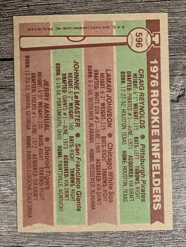 1976 Topps #596 C.Reynolds/Lamar Johnson/Johnnie LeMaster/Jerry Manuel RC (NM)