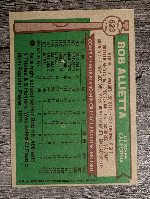 1976 Topps #623 Bob Allietta RC (EX)