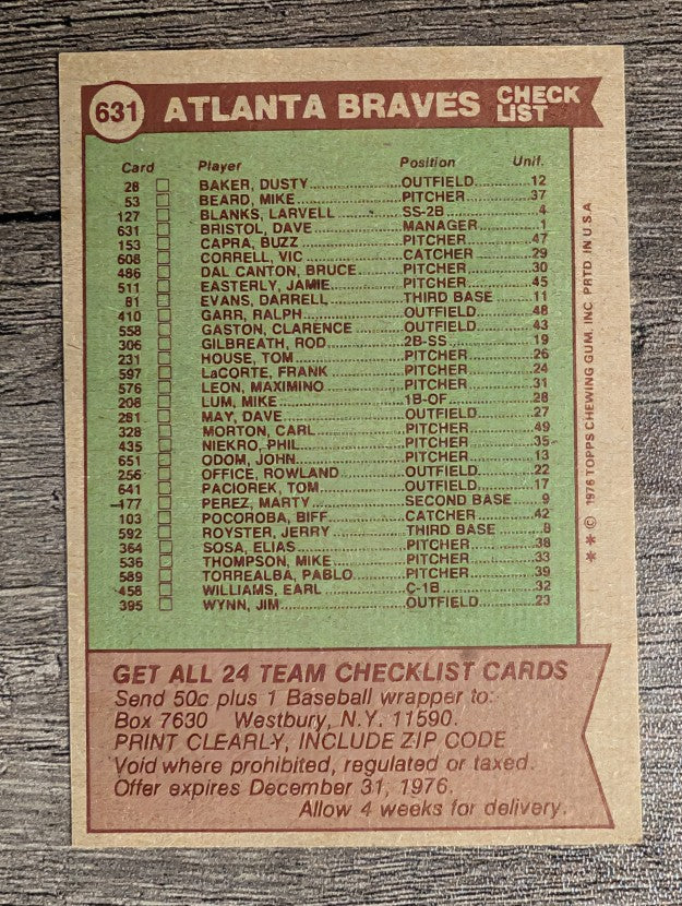 1976 Topps #631 Atlanta Braves CL/Dave Bristol MG (NM)