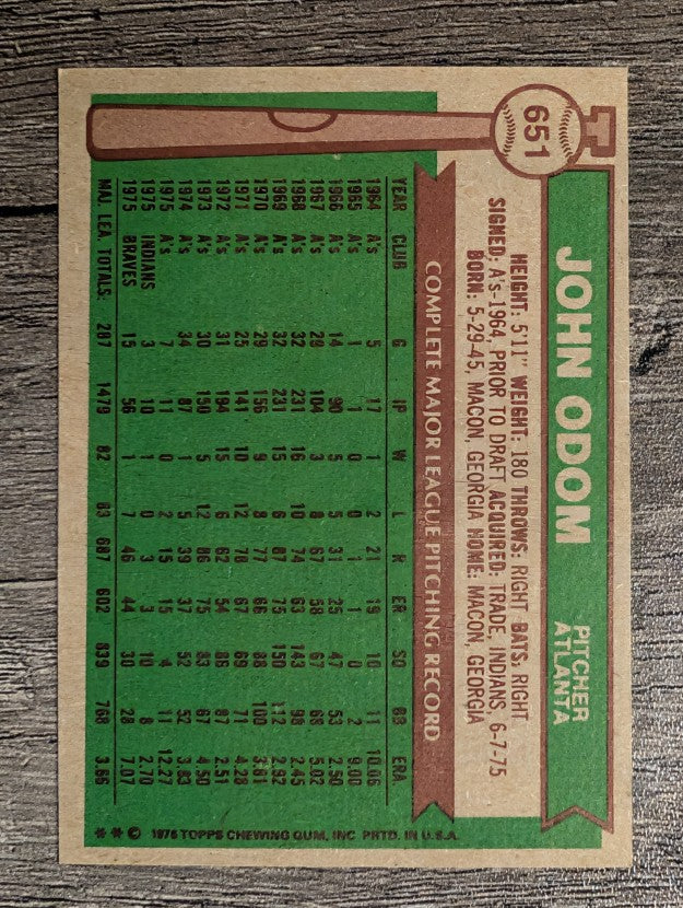 1976 Topps #651 John Odom (EX)