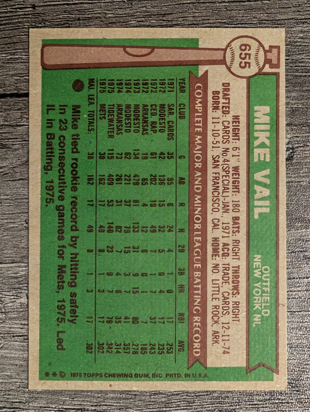 1976 Topps #655 Mike Vail RC (EXMT)