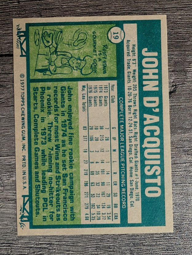 1977 Topps #19 John D'Acquisto (EXMT)