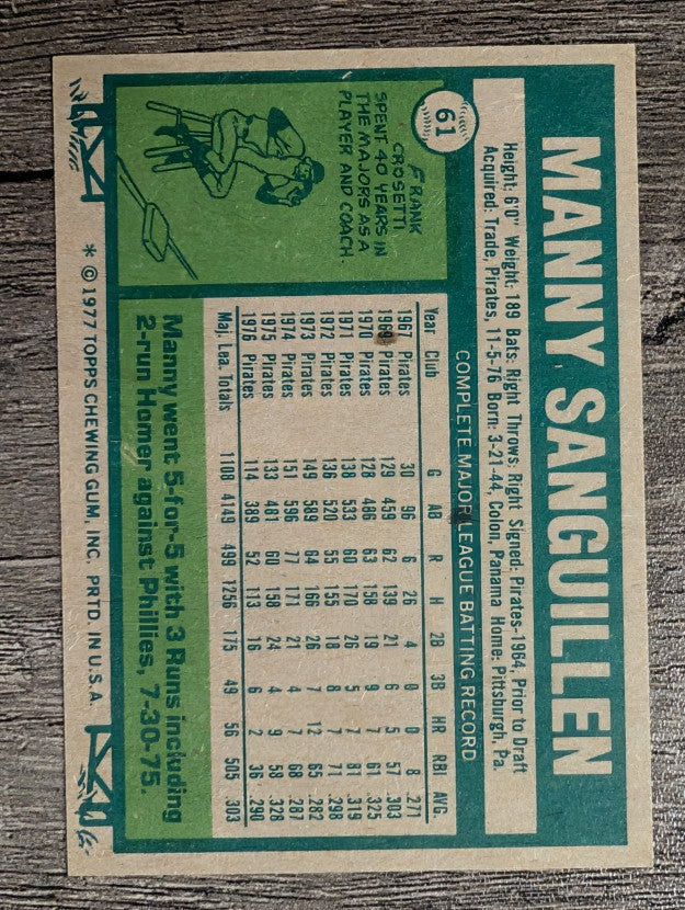 1977 Topps #61 Manny Sanguillen (EX)
