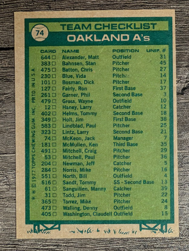 1977 Topps #74 Oakland Athletics CL/Jack McKeon MG (NMMT)