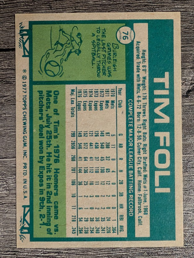 1977 Topps #76 Tim Foli (VGEX)