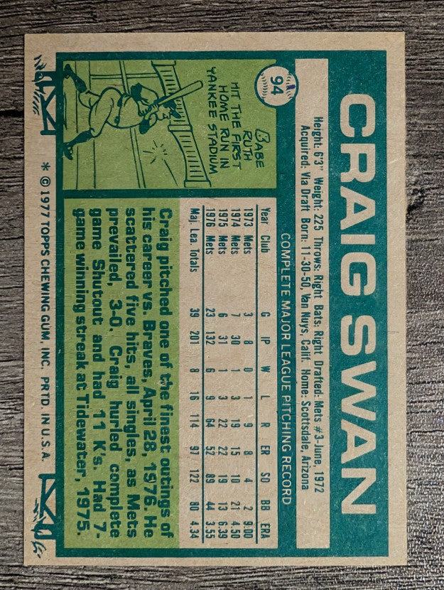 1977 Topps #94 Craig Swan (EXMT)