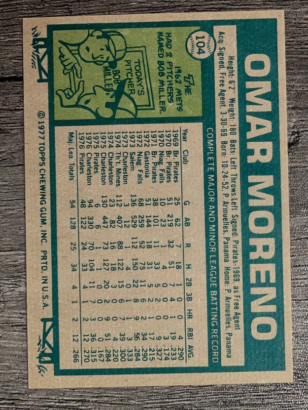 1977 Topps #104 Omar Moreno RC (NMMT)