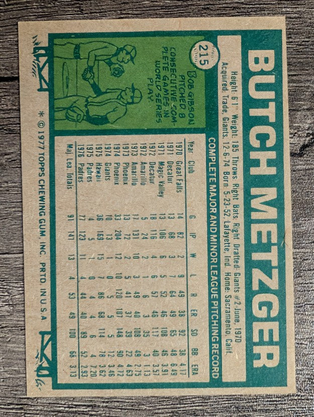 1977 Topps #215 Butch Metzger (EXMT)