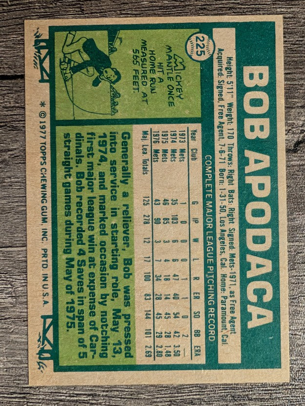 1977 Topps #225 Bob Apodaca (EXMT)