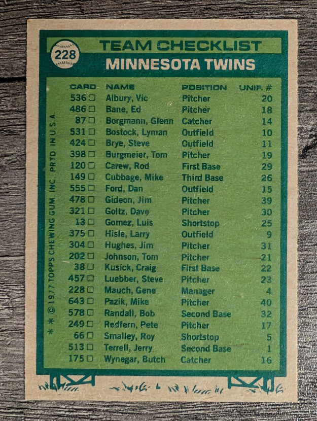 1977 Topps #228 Minnesota Twins CL/Gene Mauch MG (EXMT)