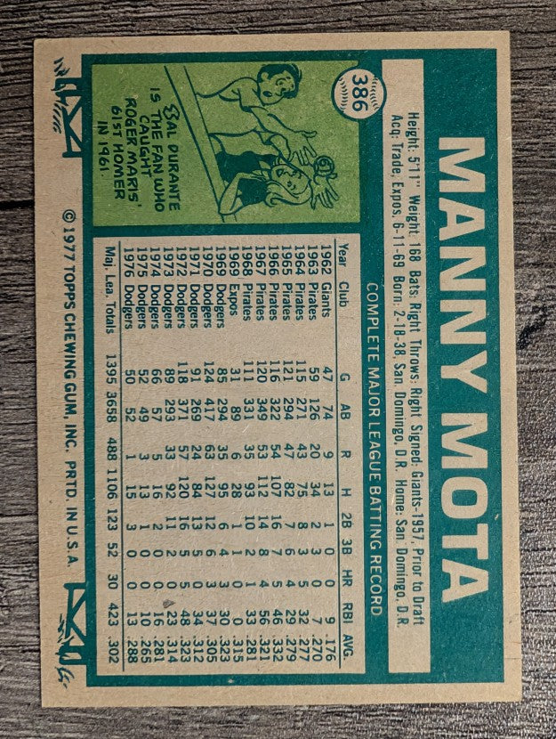 1977 Topps #386 Manny Mota (EXMT)