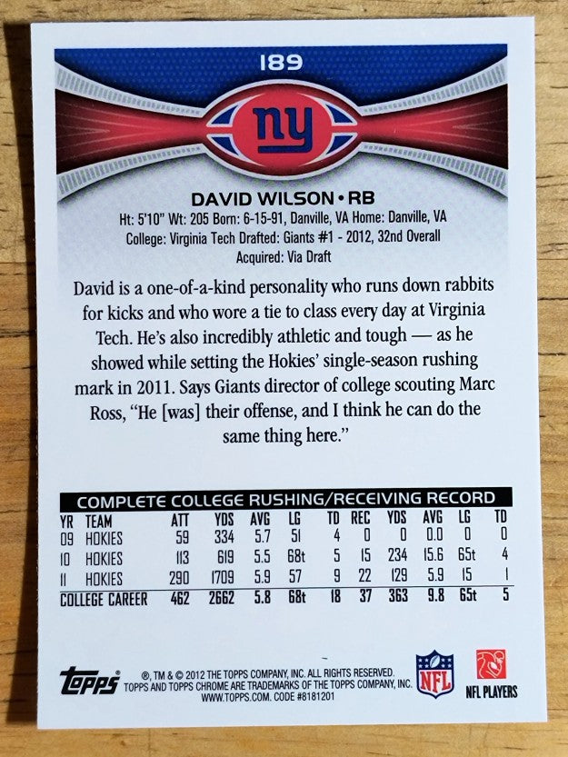 2012 Topps Chrome #189A David Wilson RC/ball in left hand