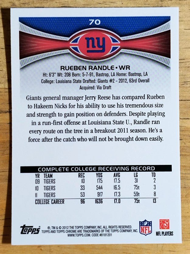2012 Topps Chrome #70A Rueben Randle RC/cutting pose