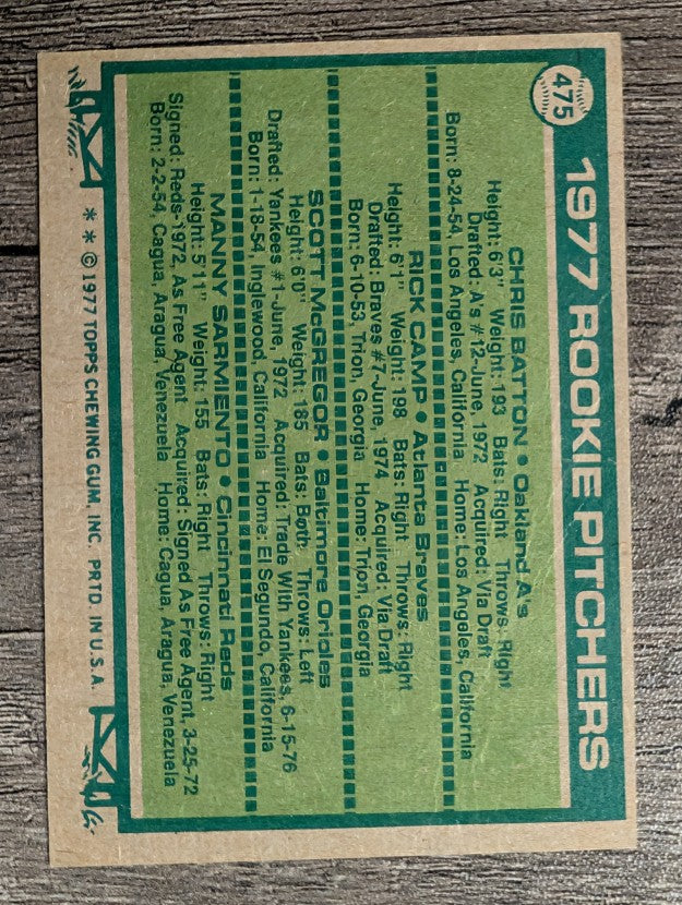 1977 Topps #475 Chris Batton/Rick Camp/Scott McGregor/Manny Sarmiento RC (VG)