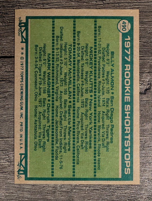 1977 Topps #490 Billy Almon/Mickey Klutts/Tommy McMillan/Mark Wagner RC (NM)
