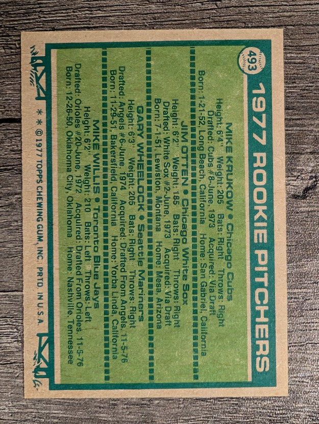 1977 Topps #493 Mike Krukow RC/Jim Otten/Gary Wheelock RC/Mike Willis RC (NM)