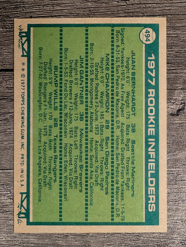 1977 Topps #494 Juan Bernhardt/Mike Champion/Jim Gantner/Bump Wills RC (EXMT)