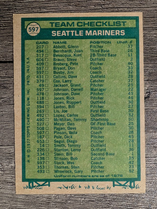 1977 Topps #597 Darrell Johnson/D.Bryant/Jim Busby/Vada Pinson/Wes Stock (EXMT)