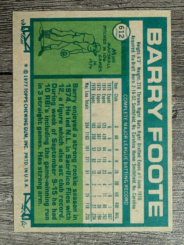 1977 Topps #612 Barry Foote (NM)