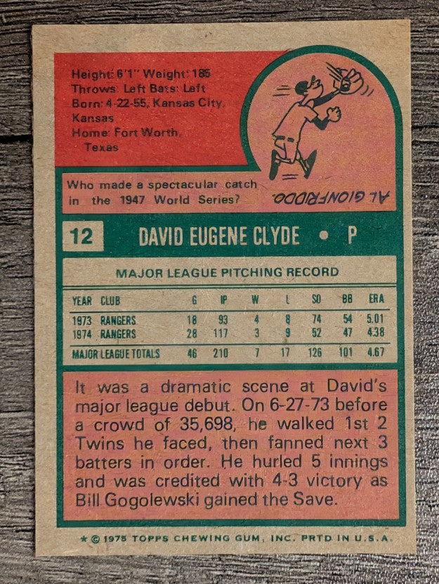 1975 Topps Mini #12 David Clyde (EXMT)