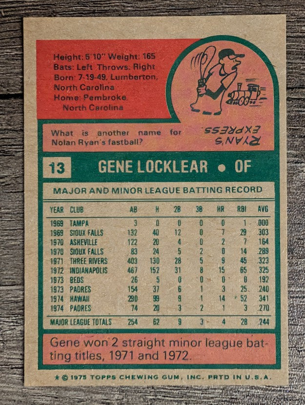 1975 Topps Mini #13 Gene Locklear RC (NM)