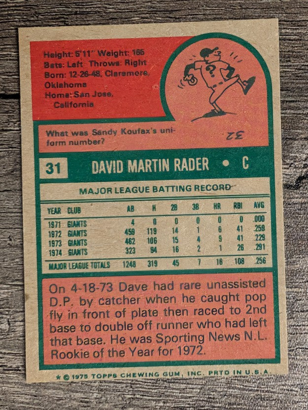 1975 Topps Mini #31 Dave Rader (FACTORY SHORT)