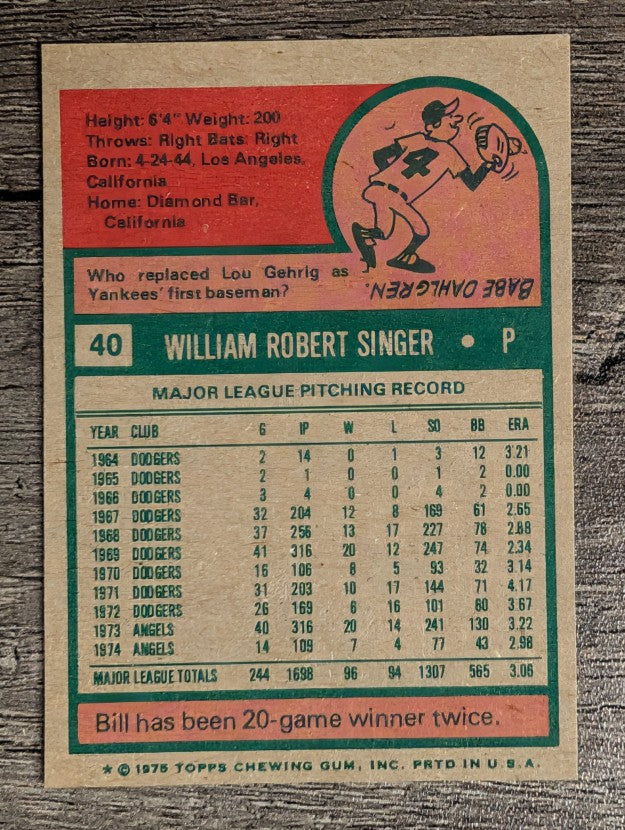 1975 Topps Mini #40 Bill Singer (NM)