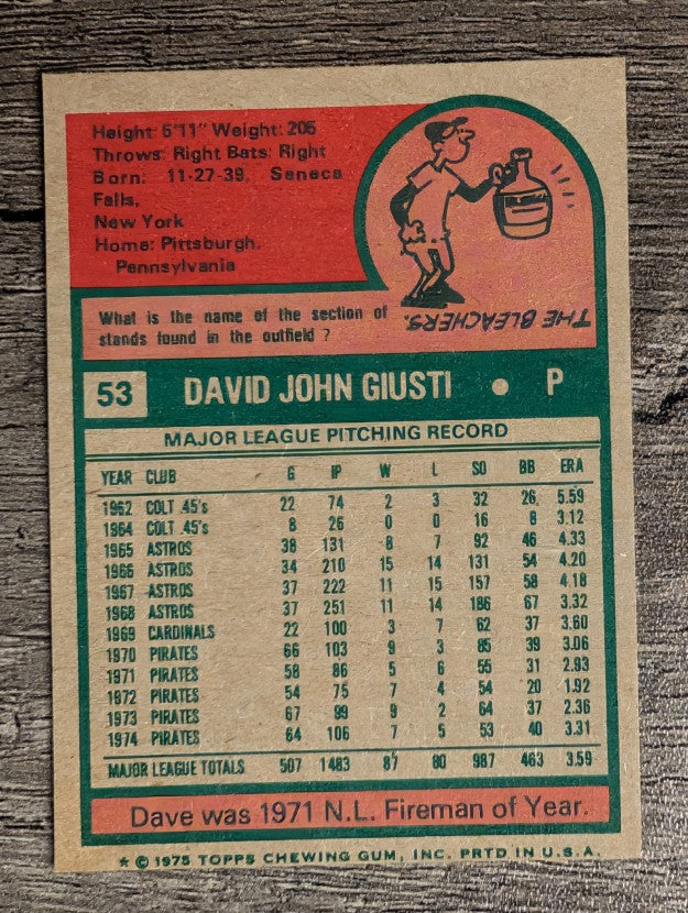 1975 Topps Mini #53 Dave Giusti (FACTORY SHORT)