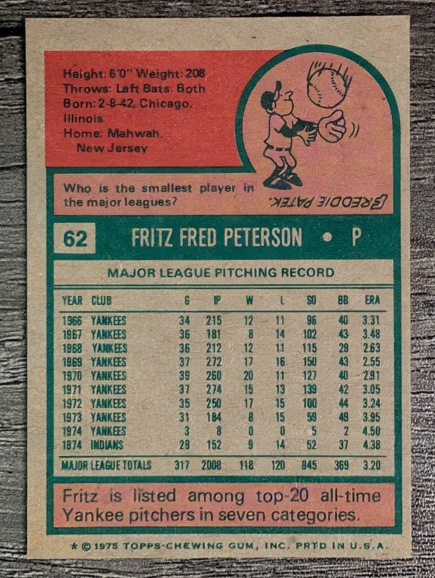 1975 Topps Mini #62 Fritz Peterson (EXMT)