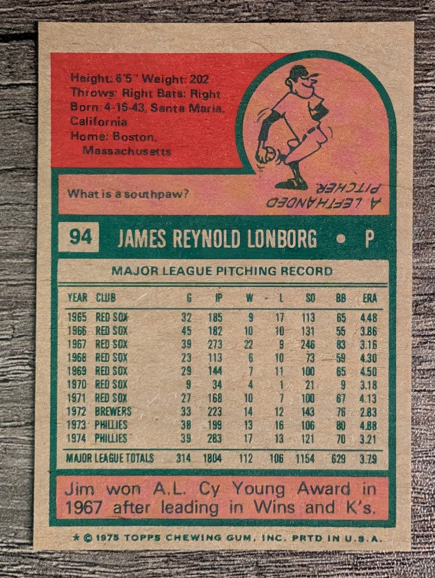 1975 Topps Mini #94 Jim Lonborg (NMMT)