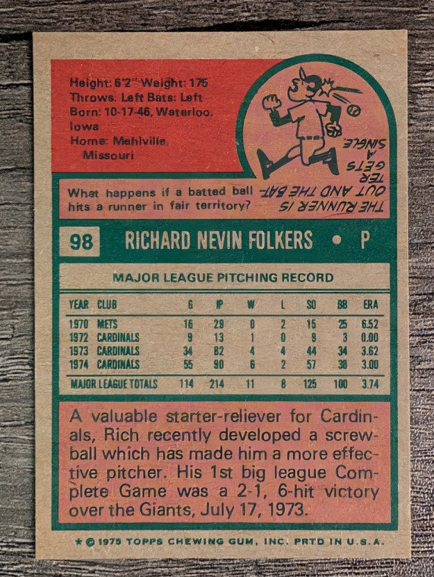 1975 Topps Mini #98 Rich Folkers (NM)