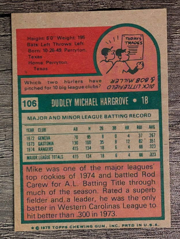 1975 Topps Mini #106 Mike Hargrove RC (NM)