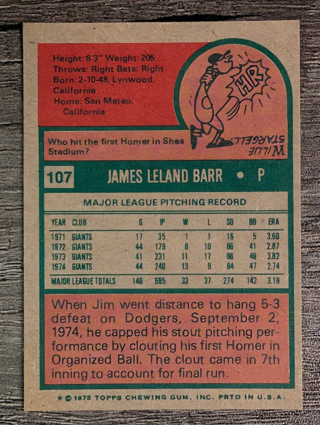 1975 Topps Mini #107 Jim Barr (EXMT)