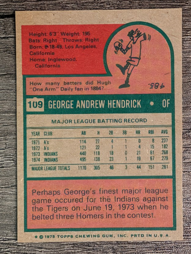 1975 Topps Mini #109 George Hendrick (EXMT)