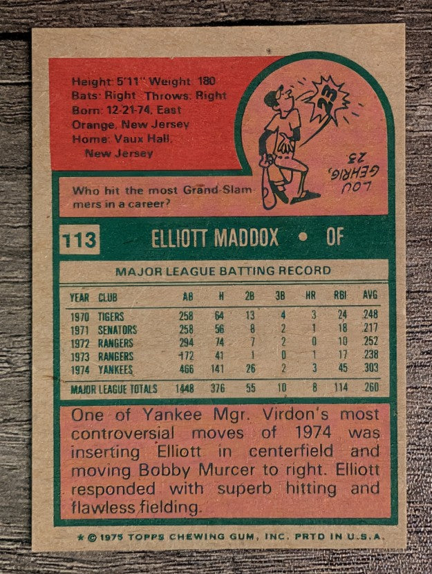 1975 Topps Mini #113 Elliott Maddox (EXMT)