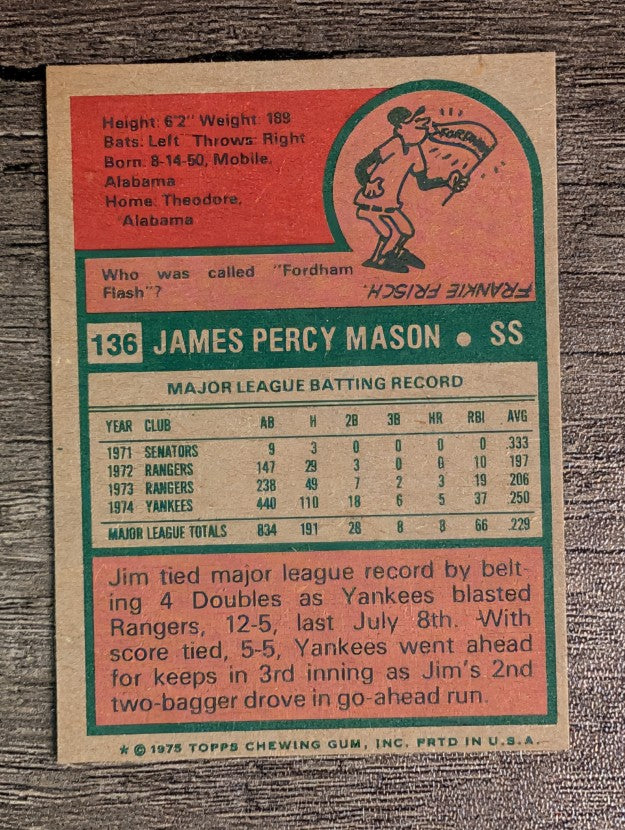 1975 Topps Mini #136 Jim Mason (FACTORY SHORT)