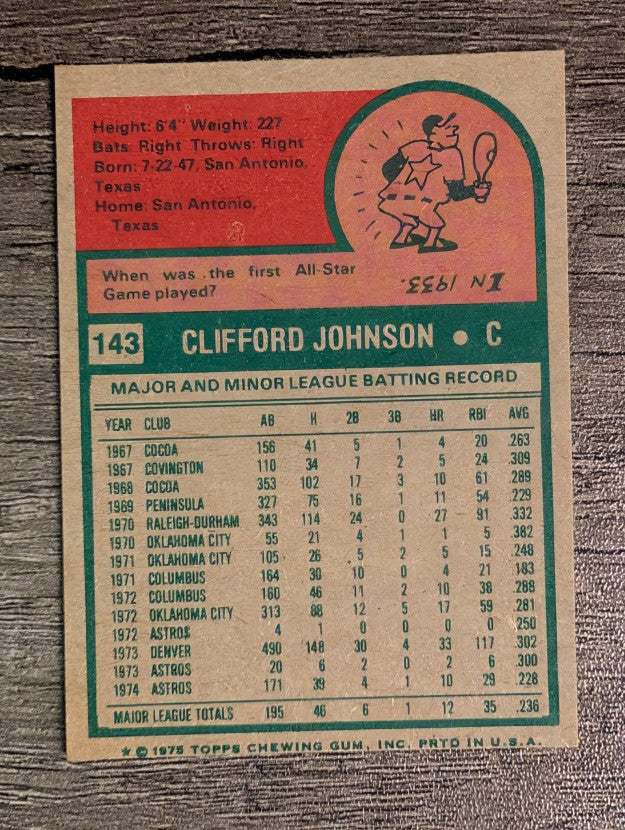 1975 Topps Mini #143 Cliff Johnson RC (FACTORY SHORT)
