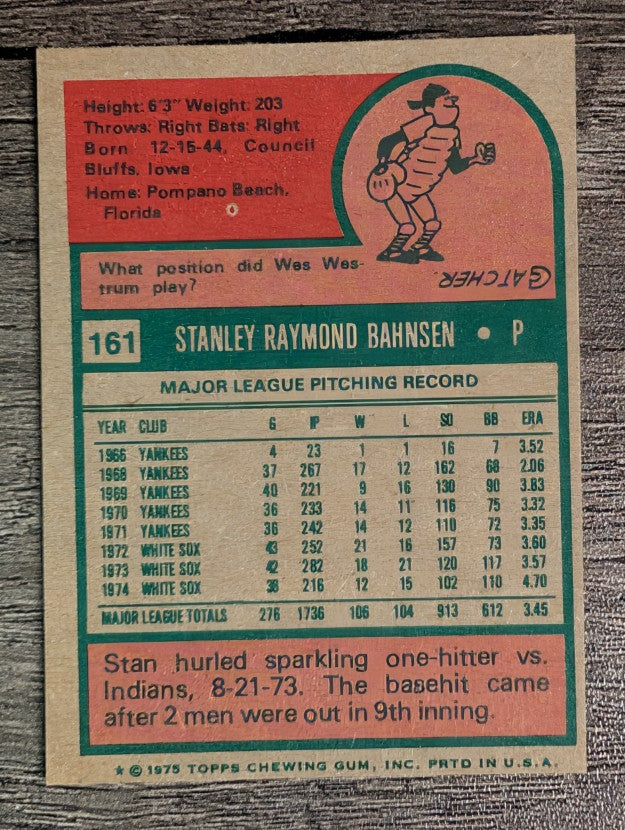 1975 Topps Mini #161 Stan Bahnsen (FACTORY SHORT)