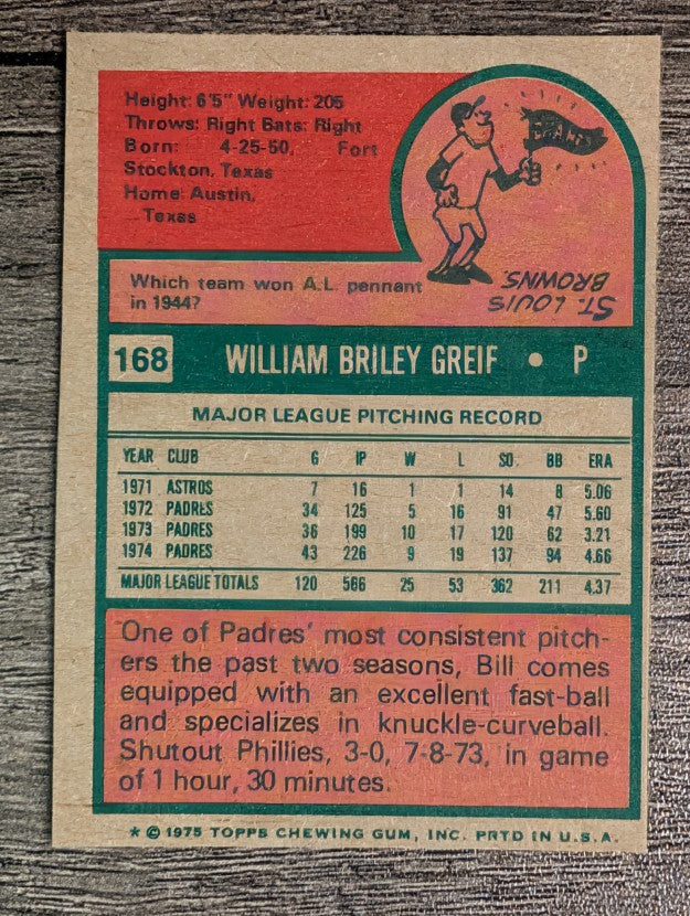 1975 Topps Mini #168 Bill Greif (FACTORY SHORT)