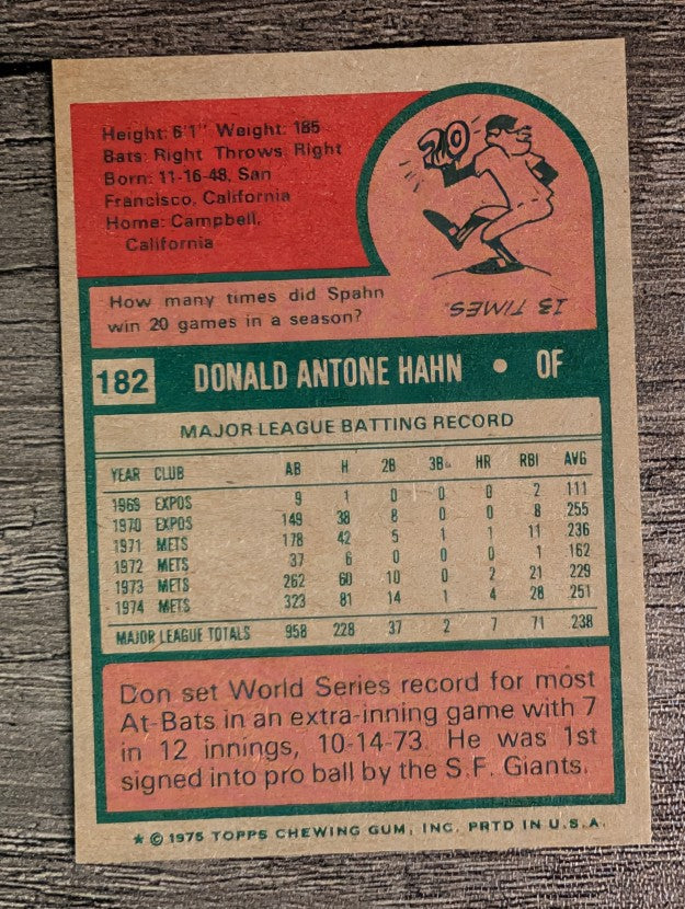 1975 Topps Mini #182 Don Hahn (NMMT)