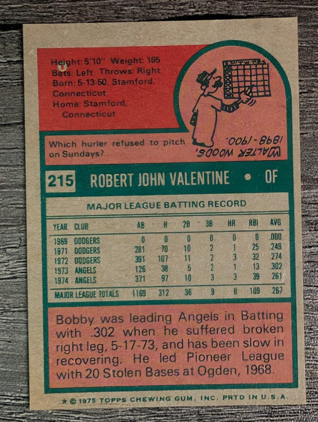 1975 Topps Mini #215 Bobby Valentine (EXMT)