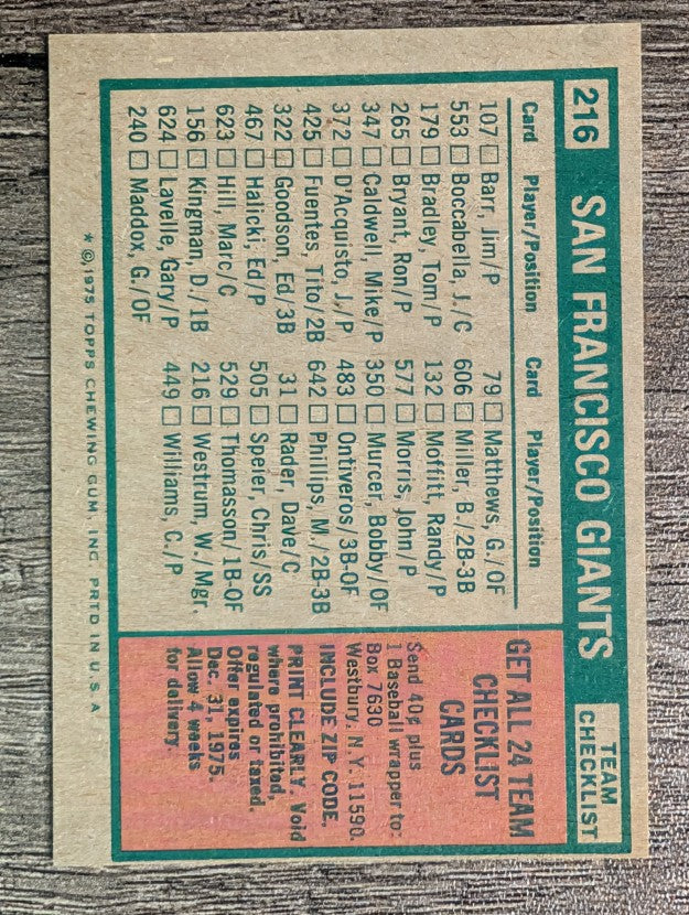 1975 Topps Mini #216 San Francisco Giants CL/Wes Westrum MG (NM)