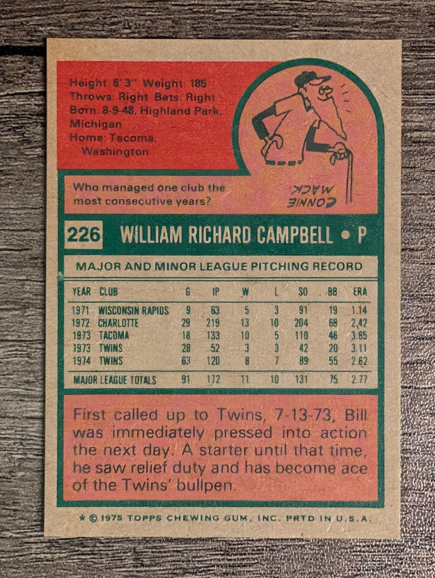 1975 Topps Mini #226 Bill Campbell (MINT)