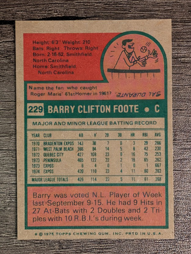 1975 Topps Mini #229 Barry Foote (EXMT)