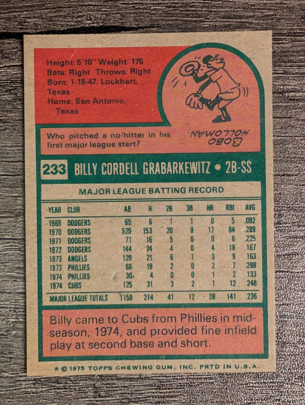 1975 Topps Mini #233 Billy Grabarkewitz (FACTORY SHORT)