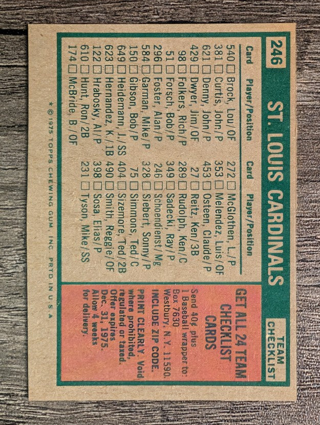 1975 Topps Mini #246 St. Louis Cardinals CL/Red Schoendienst MG (EX)