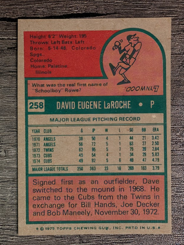 1975 Topps Mini #258 Dave LaRoche (EXMT)