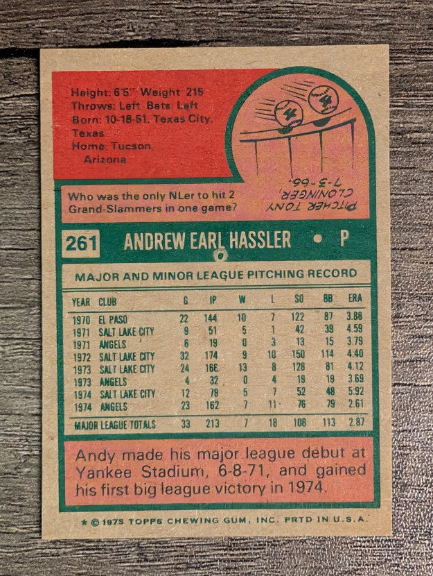 1975 Topps Mini #261 Andy Hassler RC (NMMT)