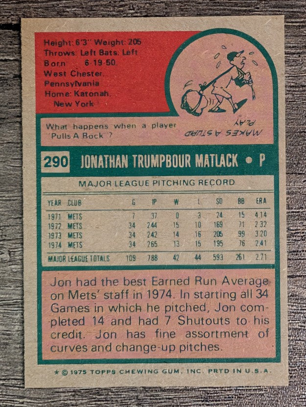 1975 Topps Mini #290 Jon Matlack (NMMT)