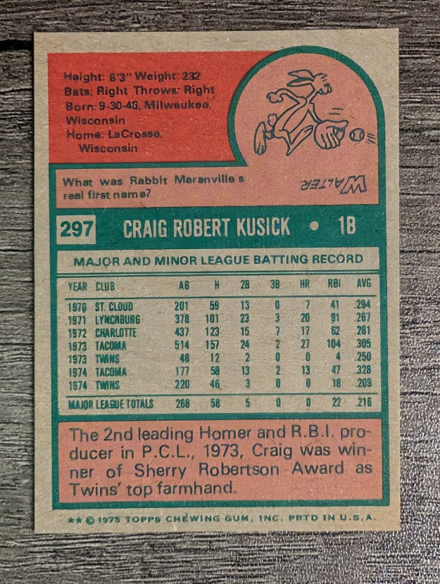 1975 Topps Mini #297 Craig Kusick RC (FACTORY SHORT)